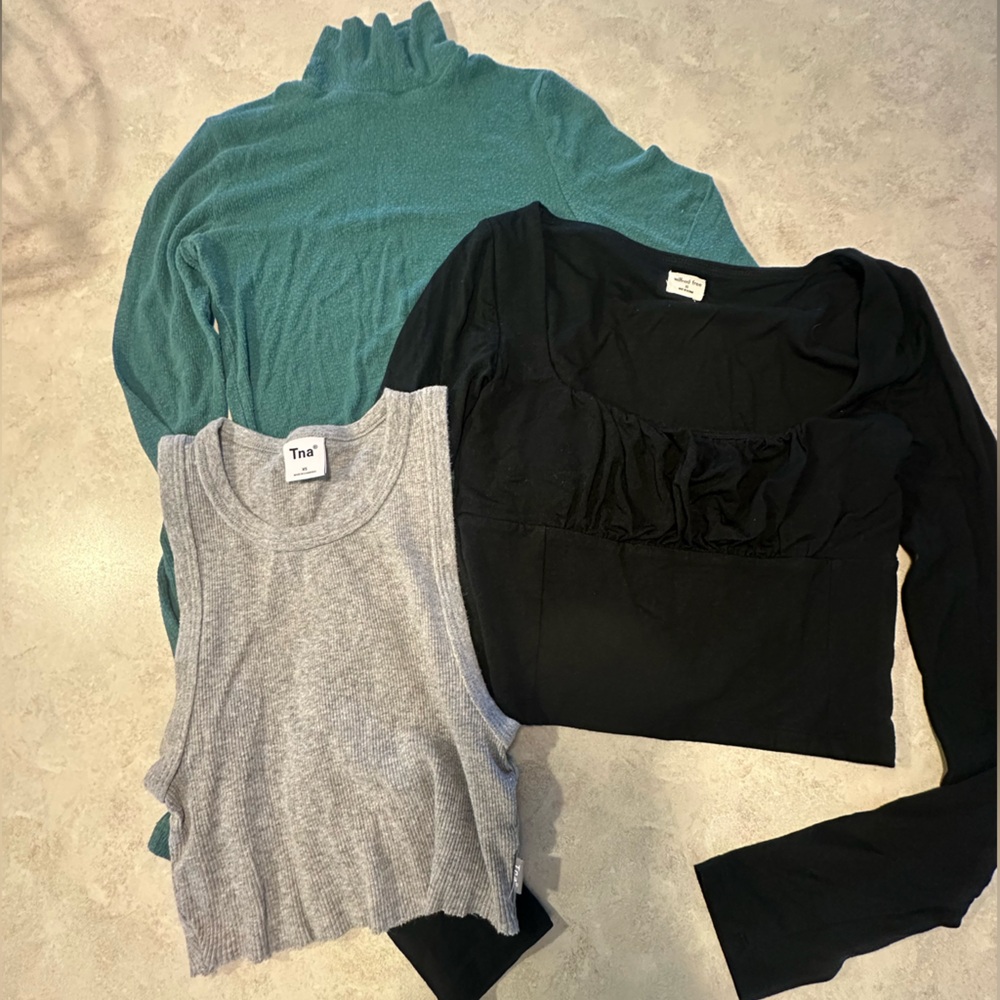 Aritzia Black Square-Neck Long Sleeve Top with Teal Turtleneck & Gray Rib Tank